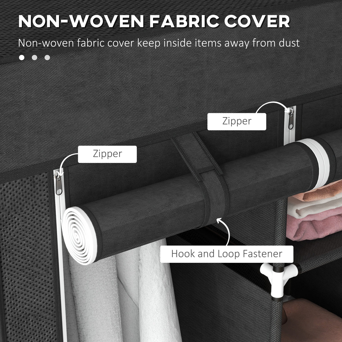 Black fabric wardrobe cover rolled up and secured with hook-and-loop fastener