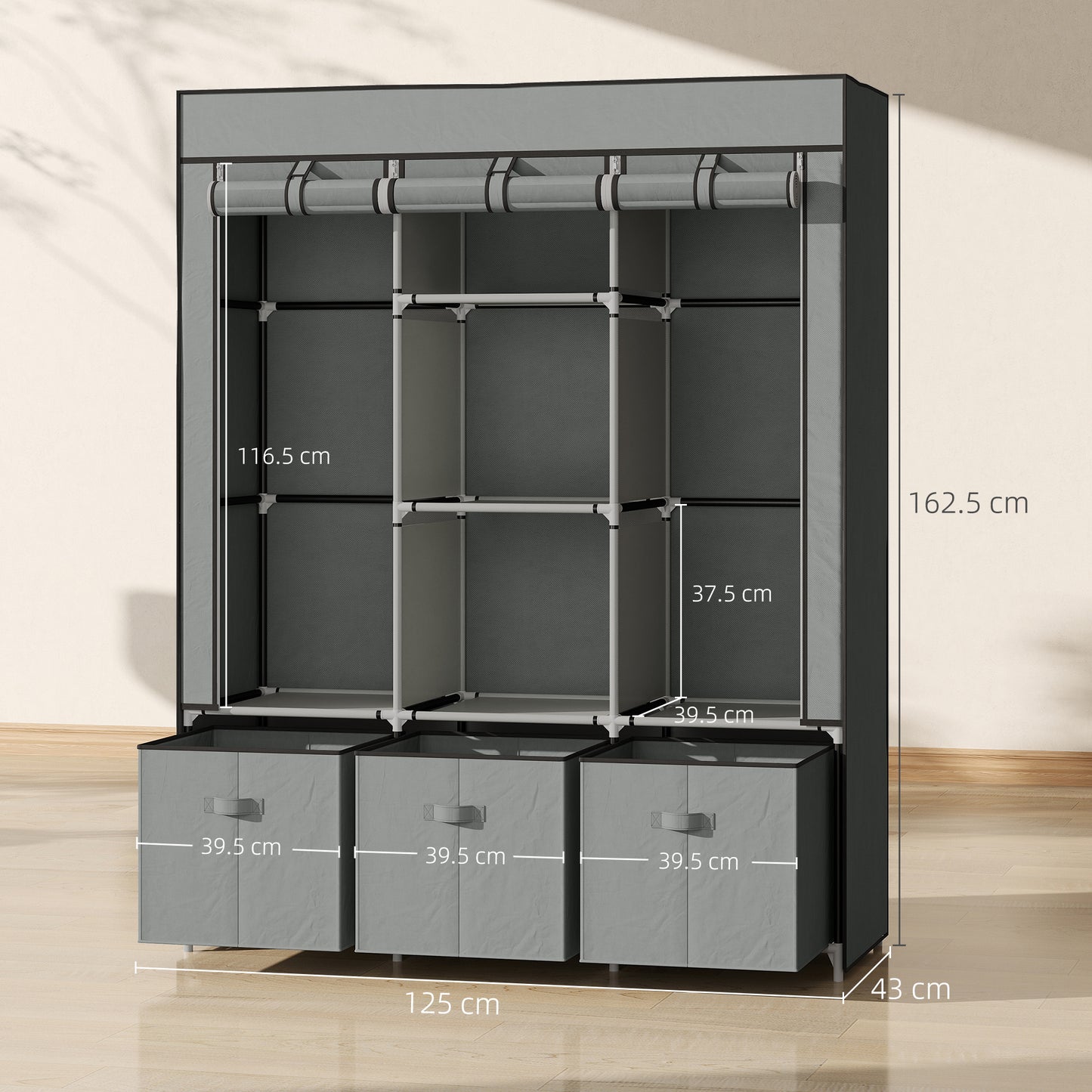 HOMCOM Foldable Fabric Wardrobe for Bedroom, Portable Wardrobe with 5 Shelves, 2 Hanging Rails and 3 Fabric Drawers, Light Grey