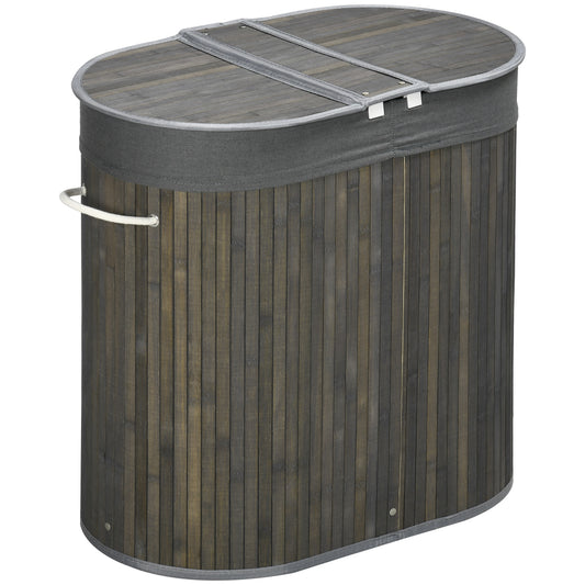 Photo of HOMCOM Bamboo Laundry Basket with Lid, 100 Litres Laundry Hamper with 2 Sections, Removable Washable Lining, Washing Baskets, 62.5 x 37 x 60.5cm, Grey in Grey colour on a white background