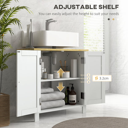 White under-sink cabinet with open doors and an adjustable interior shelf
