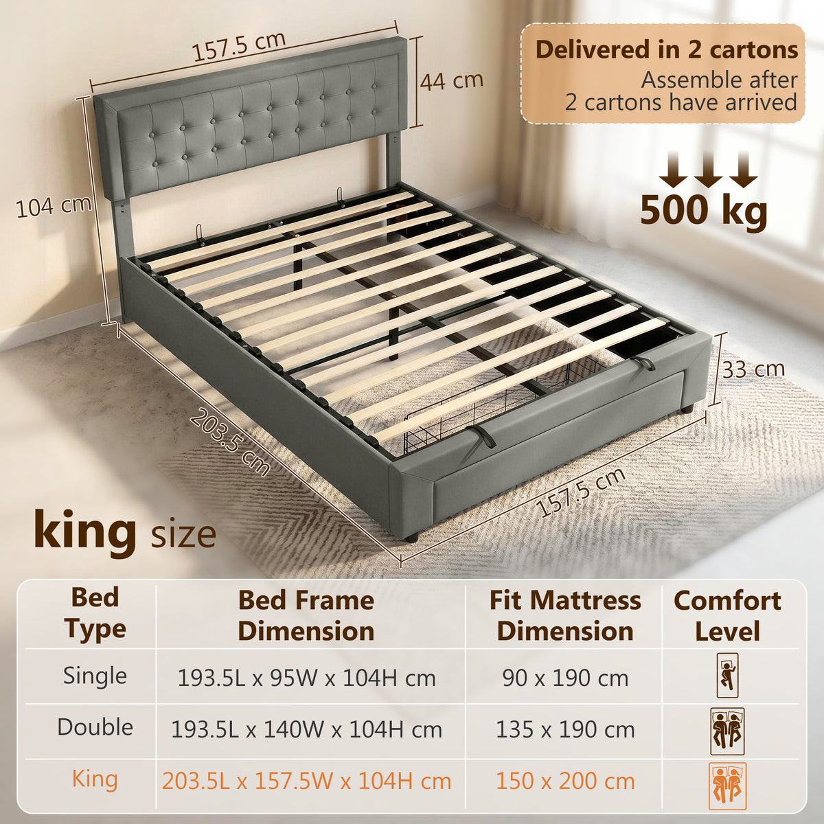 HOMCOM PU Leather King Size Ottoman Bed Frame, with Front Drawer - Grey