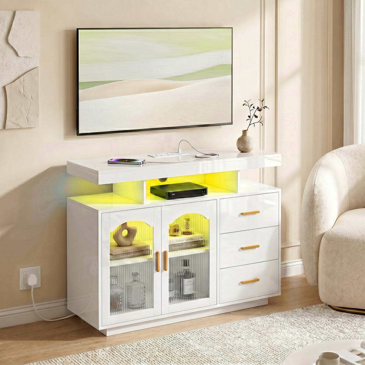 HOMCOM High Gloss Sideboard with LED Lights, Built-in Power Outlets, 3 Drawers, Shelves and 2 Acrylic Doors, White