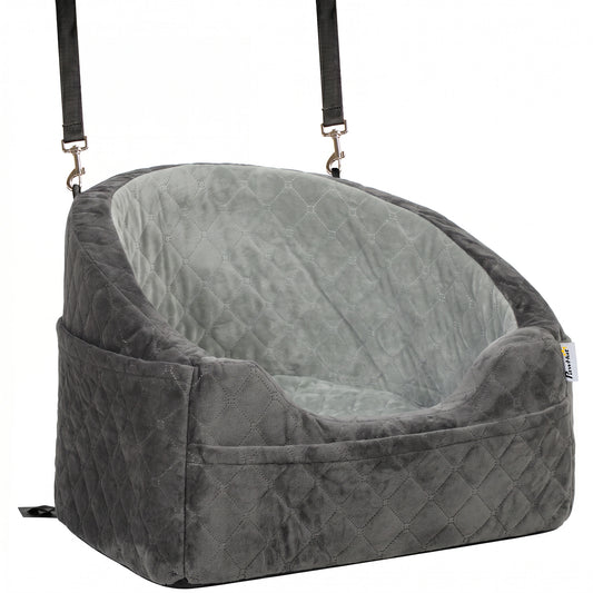 Photo of PawHut Dog Car Seat, Detachable Washable Dog Booster Seat with Thick Cushion, Seat Belt, Pockets for Small Under 10kg, Grey in Grey colour on a white background