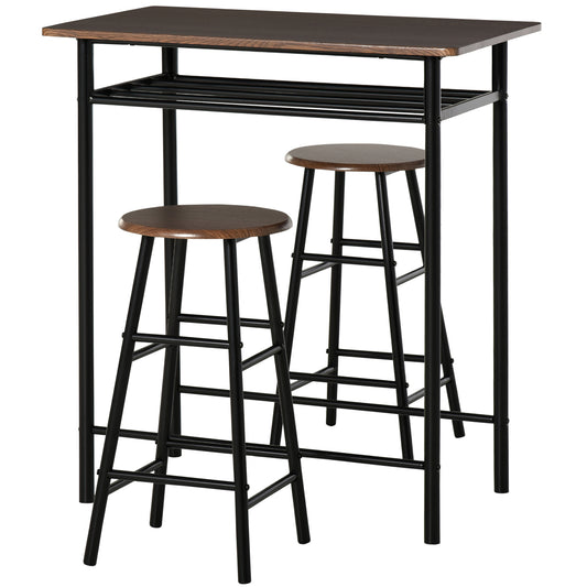 Photo of HOMCOM Bar Table Set, Bar Table and Stools Set, Footrest and Storage Shelf, for Kitchen, Dining Room, Pub, Cafe, Black and Oak in Oak colour on a white background