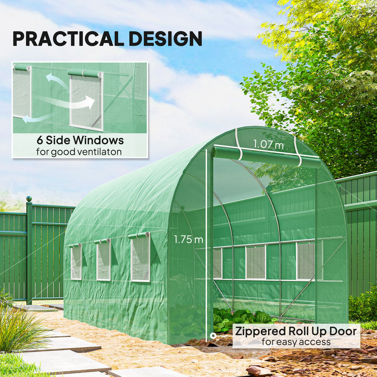Green polytunnel greenhouse with six side windows and a zippered roll-up entrance