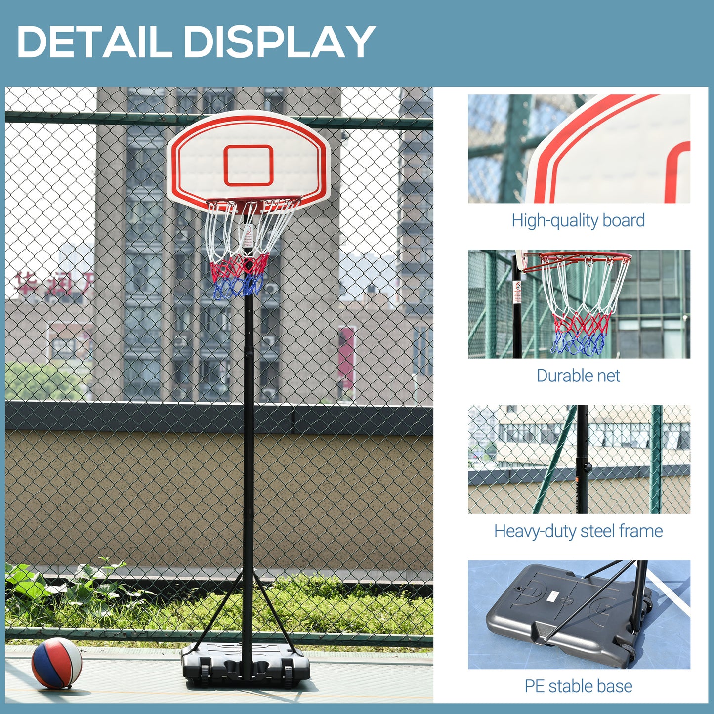 HOMCOM Portable Basketball Stand 170-197cm Adjustable Height Sturdy Rim Hoop w/ Large Wheels Stable Base Net Free Standing