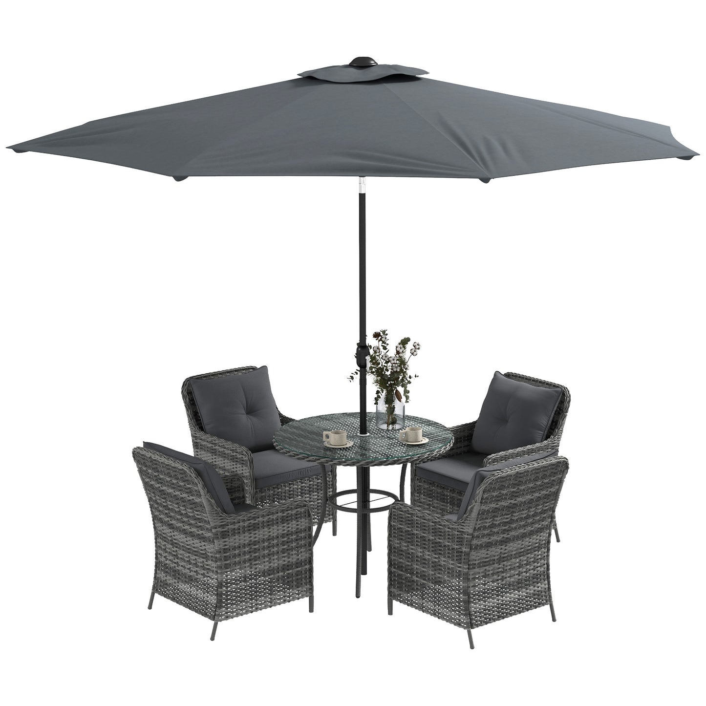 Photo of Outsunny 4 Seater Rattan Dining Set with Parasol & Cushions - Mixed Grey in Grey colour on a white background