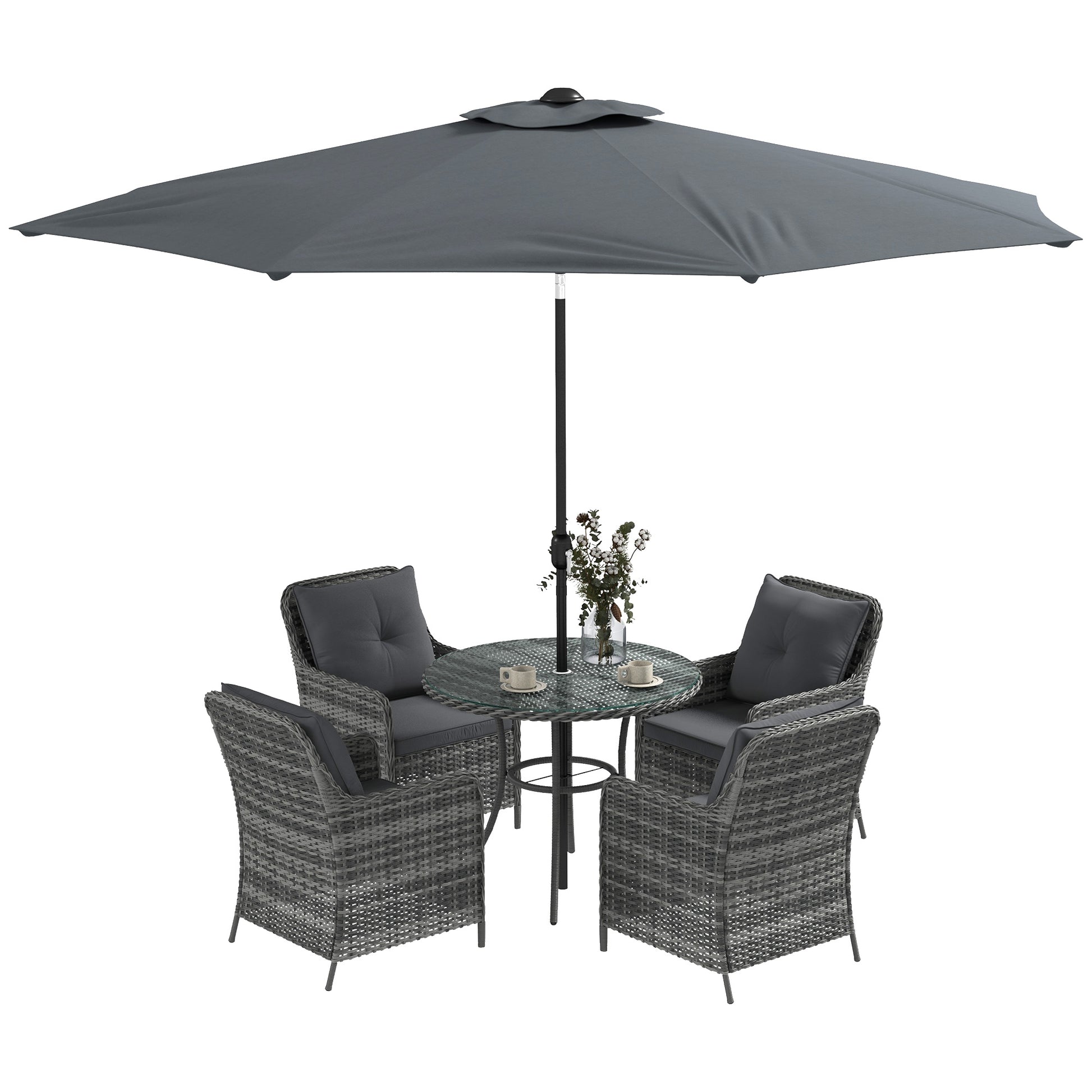 Photo of Outsunny 4 Seater Rattan Dining Set with Parasol & Cushions - Mixed Grey in Grey colour on a white background