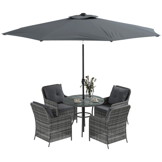 Photo of Outsunny 4 Seater Rattan Dining Set with Parasol & Cushions - Mixed Grey in Grey colour on a white background