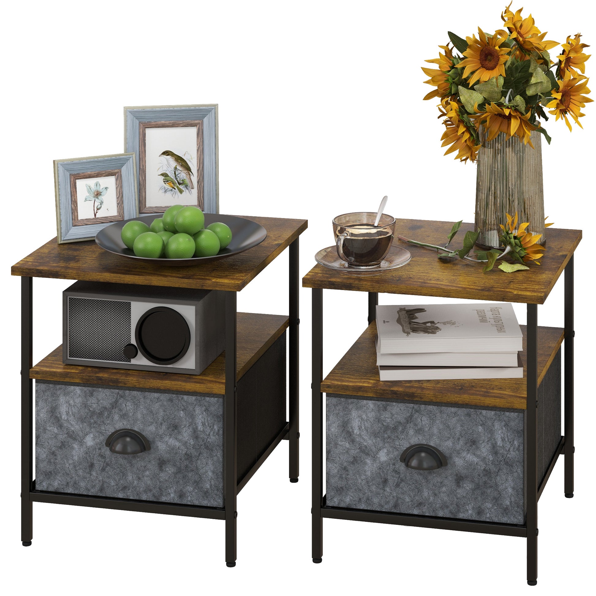 Photo of HOMCOM Set of 2 Bedside Table, Nightstand with Non-Woven Fabric Drawer, Side Table, End Table for Living room, Bedroom, Rustic Brown in Brown colour on a white background