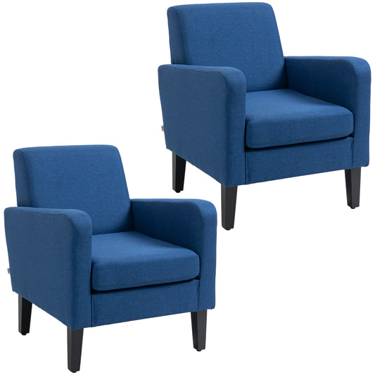 Photo of HOMCOM 2 Pieces Modern Armchairs with Rubber Wood Legs, Upholstered Accent Chairs, Single Sofa for Living Room, Bedroom, Blue in Blue colour on a white background