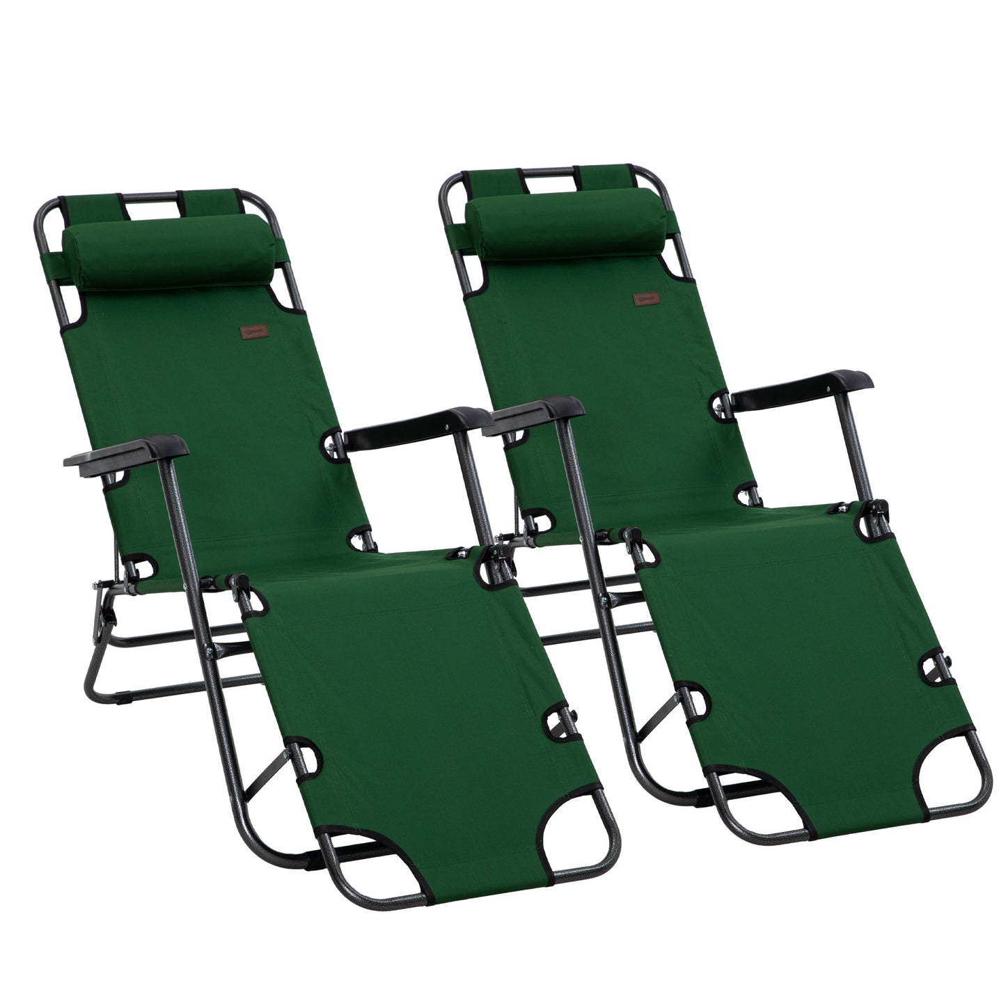 Photo of Outsunny 2 Pack 2 in 1 Sun Lounger Folding Reclining Chairs Garden Outdoor Camping Adjustable Back with Pillow, Green in Green colour on a white background