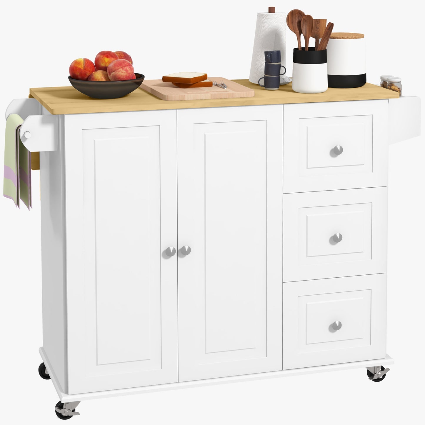 Photo of HOMCOM Kitchen Island with Drop Leaf, Rolling Kitchen Storage Trolley on Wheels with 3 Drawers, Spice Rack and Towel Rack, Storage Cart with Rubber Wood Top, White in White colour on a white background
