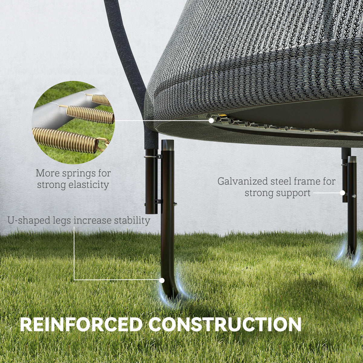 Trampoline construction detail showing galvanized steel legs, frame, springs, and net attachment