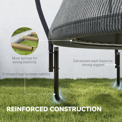 Trampoline construction detail showing galvanized steel legs, frame, springs, and net attachment