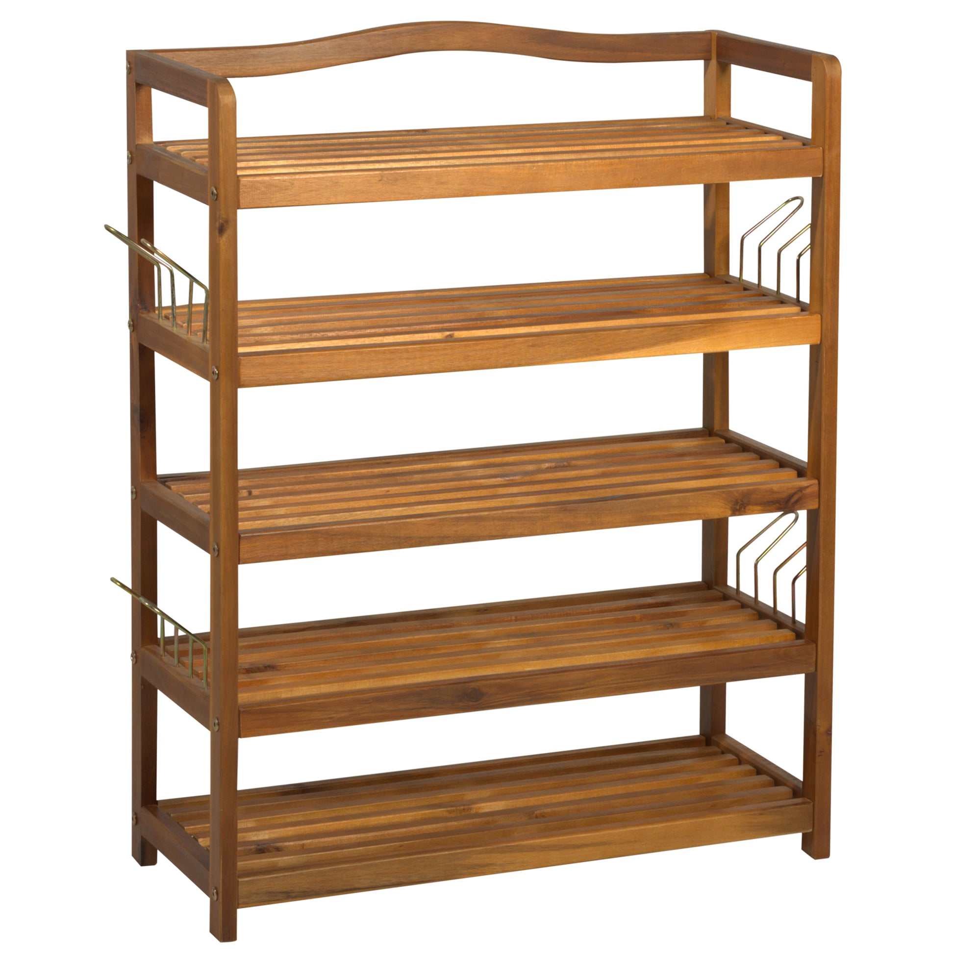 Photo of HOMCOM 5-Tier Shoe Rack, Acacia Wooden Shoe Storage Organiser with Hangers, Holds up to 19 Pairs, for Entryway, Living Room, 64 x 26 x 82 cm, Teak in Teak colour on a white background