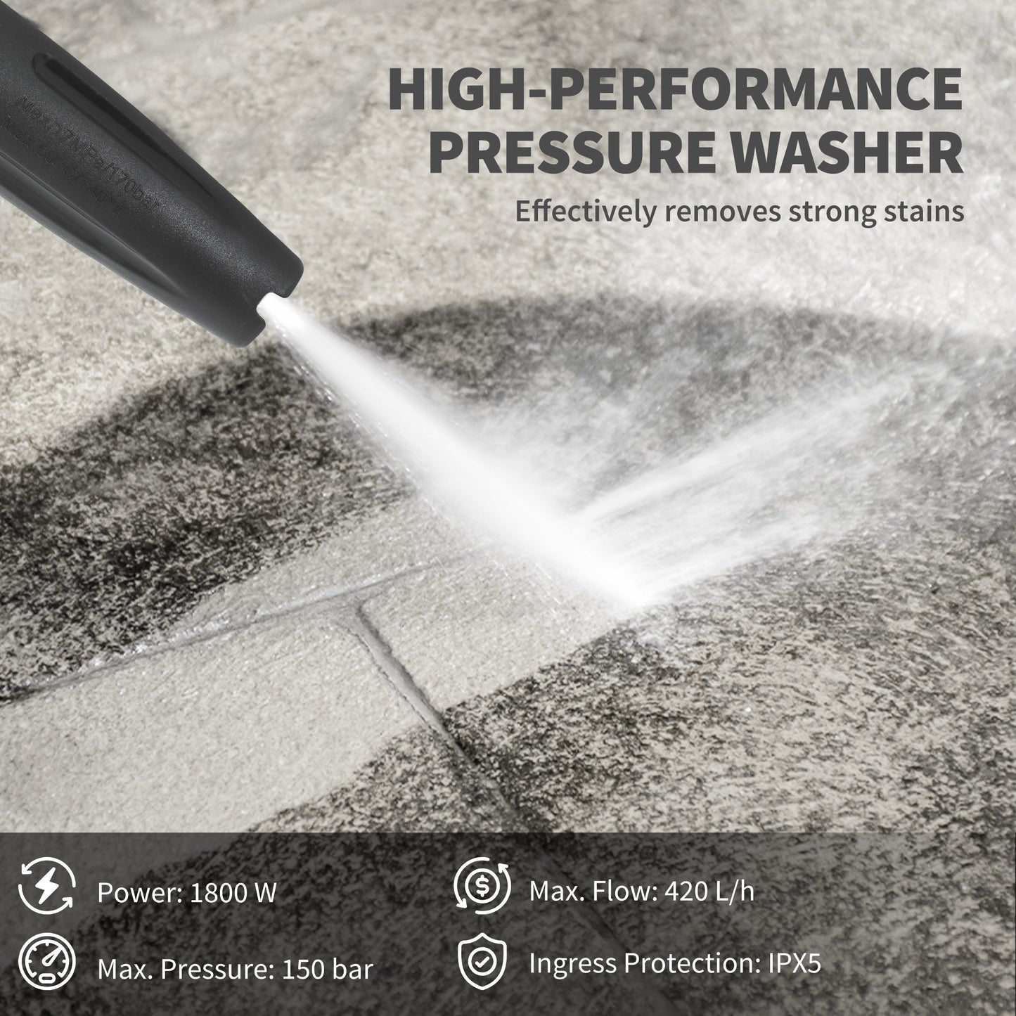 Outsunny 1800W High Pressure Washer, 150 Bar Pressure, 420 L/h Flow, Portable Power Washer Jet Wash Cleaner with Adjustable Nozzle, 6M Hose, Hose Reel, Steel Handle for Home Patio Car Driveway, Green