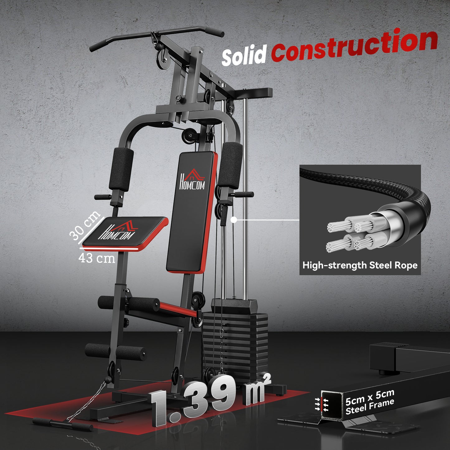 HOMCOM Multigym Station, with 66KG Weight Stack, for Strength Training - Red & Black