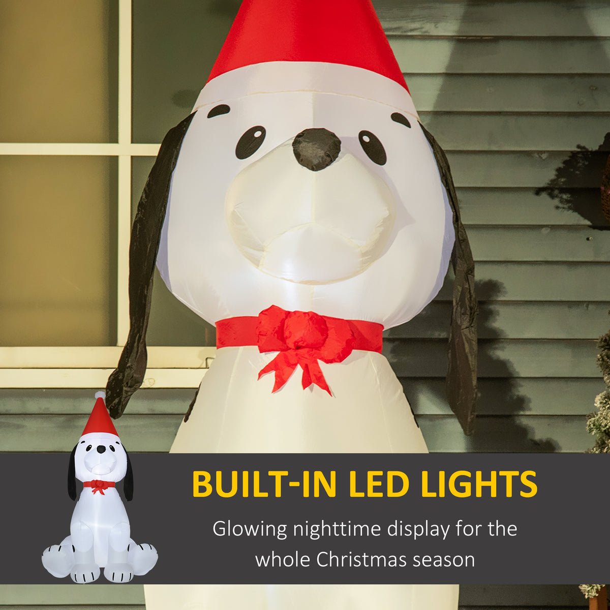 Lighted inflatable Christmas puppy wearing a red Santa hat and bow, shown with built-in LED lights.