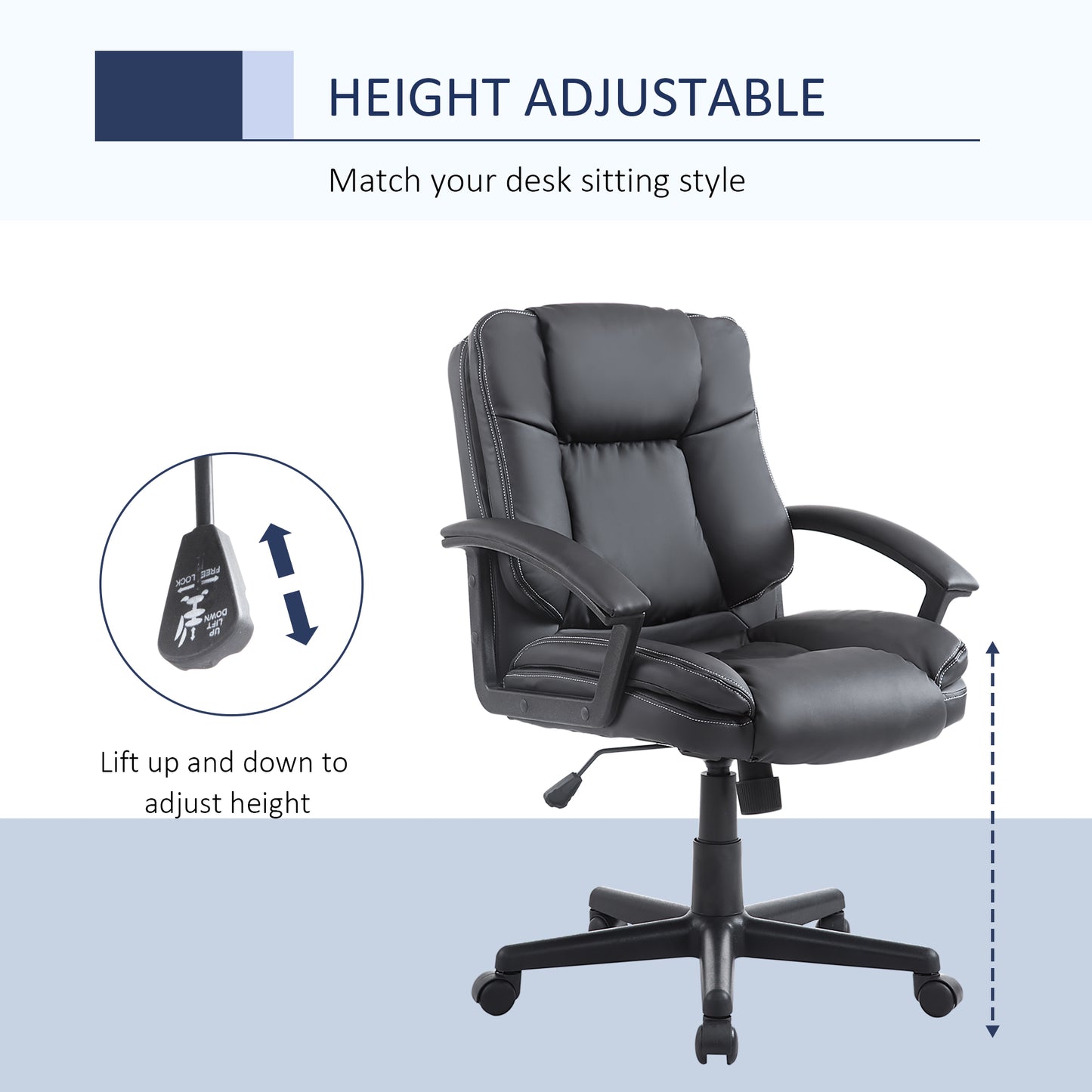 HOMCOM Desk Chair, PU Leather Office Chair with Adjustable Height and Swivel Wheels, for Home Work Study, Black