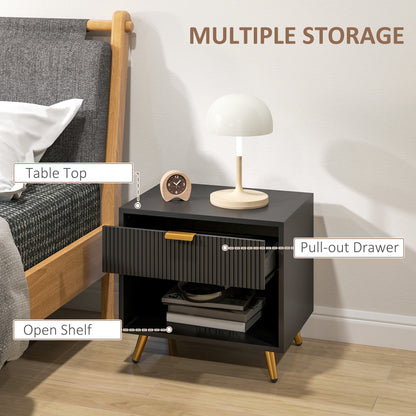 Bedside table with pull-out drawer, open shelf, and gold-tone legs