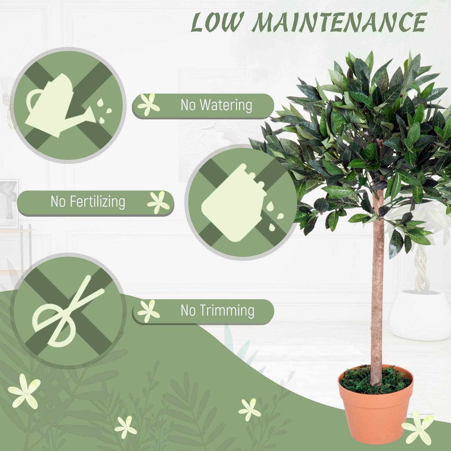 Outsunny Artificial Bay Tree In Pot, 3ft Tall Indoor Outdoor Garden Topiary Ball with Solid Wood Trunk, Realistic Lush Green Leaves for Home Office Garden Porch
