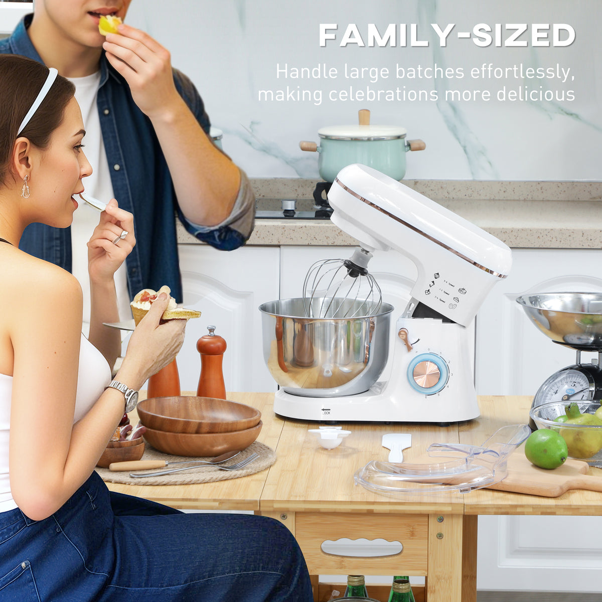 HOMCOM white stand mixer with stainless steel bowl and whisk attachment on a kitchen counter