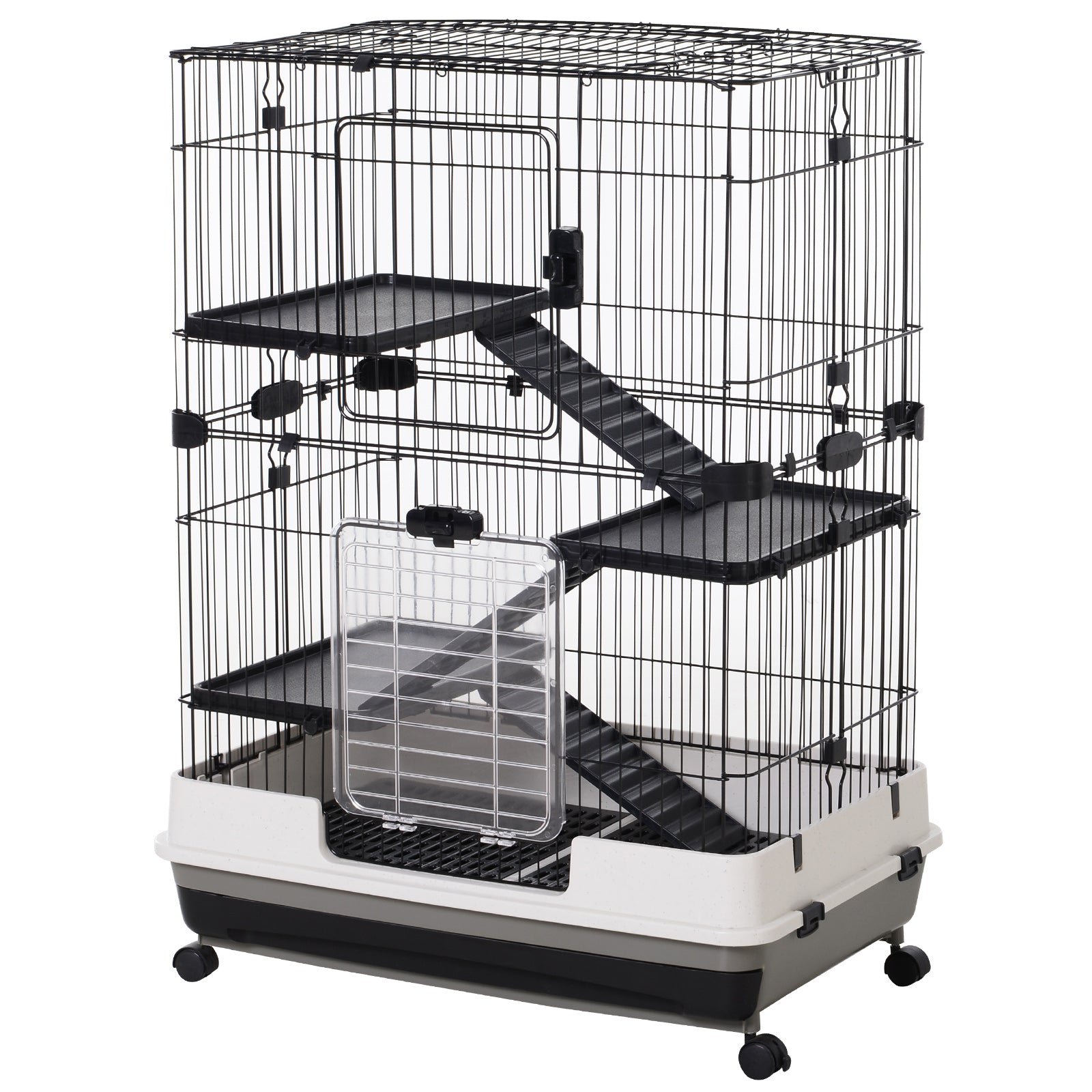 Photo of PawHut Four-Tier Small Animal Cage, for Bunnies, Ferrets, Chinchillas w/ Wheels, Tray - Black in Black colour on a white background