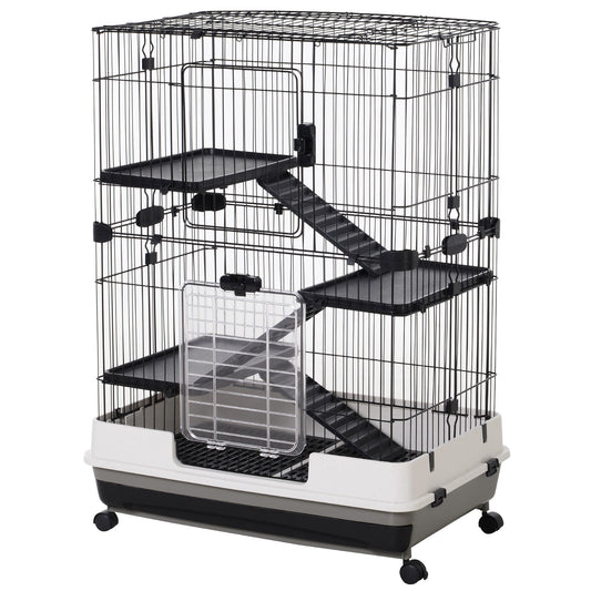 Photo of PawHut Four-Tier Small Animal Cage, for Bunnies, Ferrets, Chinchillas w/ Wheels, Tray - Black in Black colour on a white background