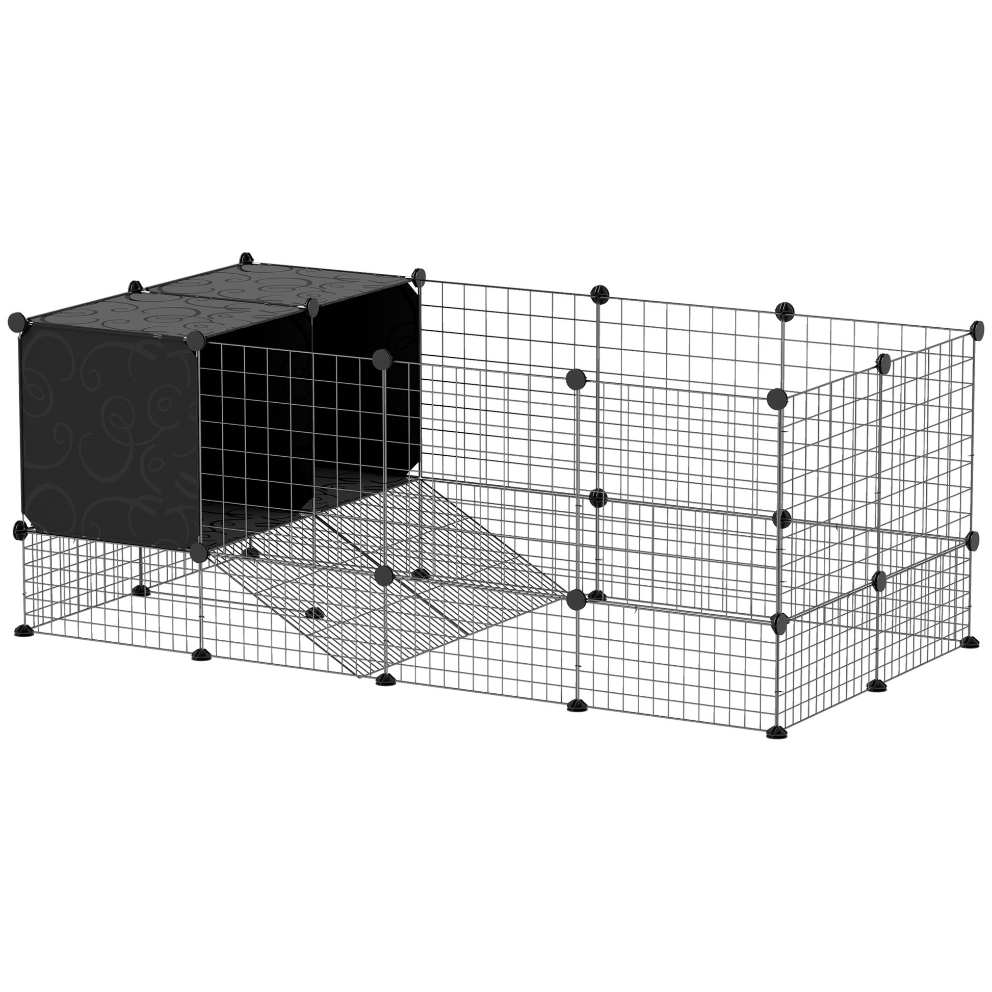 Photo of PawHut DIY Small Animal Cage with Elevated Huts, C&C Cage for Guinea Pigs, Hedgehogs, Rabbits, 31 Panels, Black in Black colour on a white background