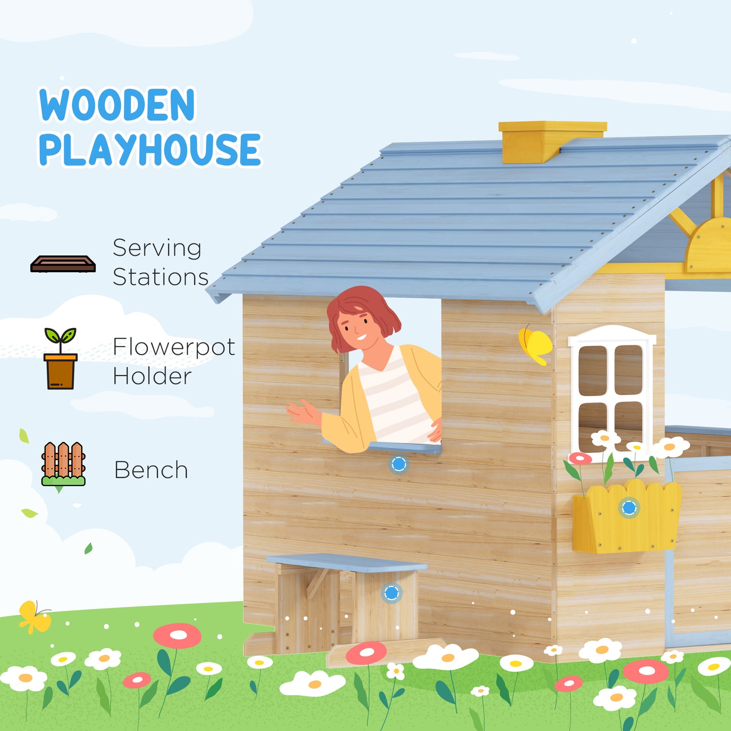 Outsunny Wooden Playhouse, Wendy House with Door, Bench, Flowerpot Holder, for Ages 3-7 Years, Blue