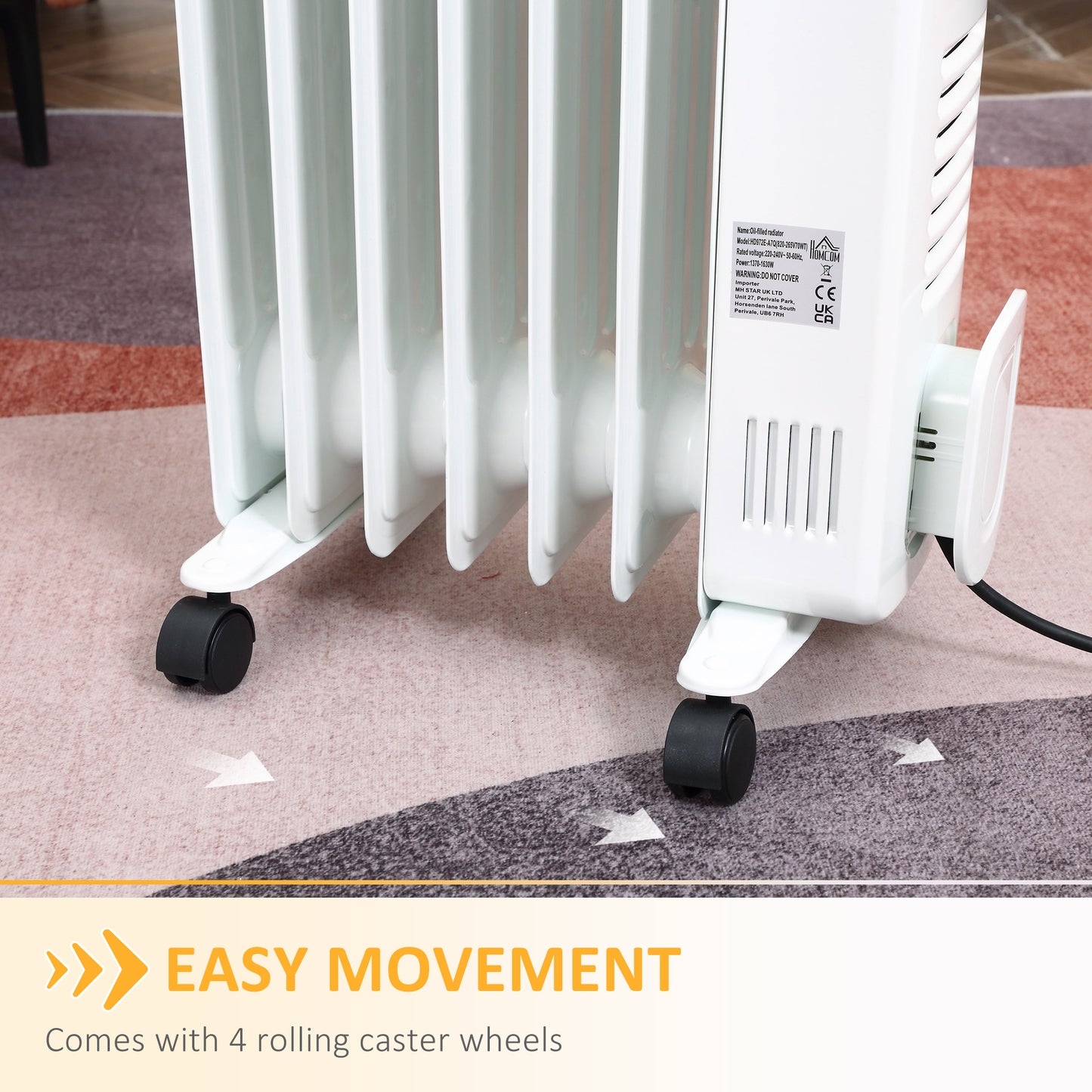 HOMCOM 1500W Digital Oil Filled Radiator, 7 Fin, Portable Electric Heater with LED Display, 24-Hour Timer, 3 Heat Settings, Safety Cut-Off and Remote Control, White