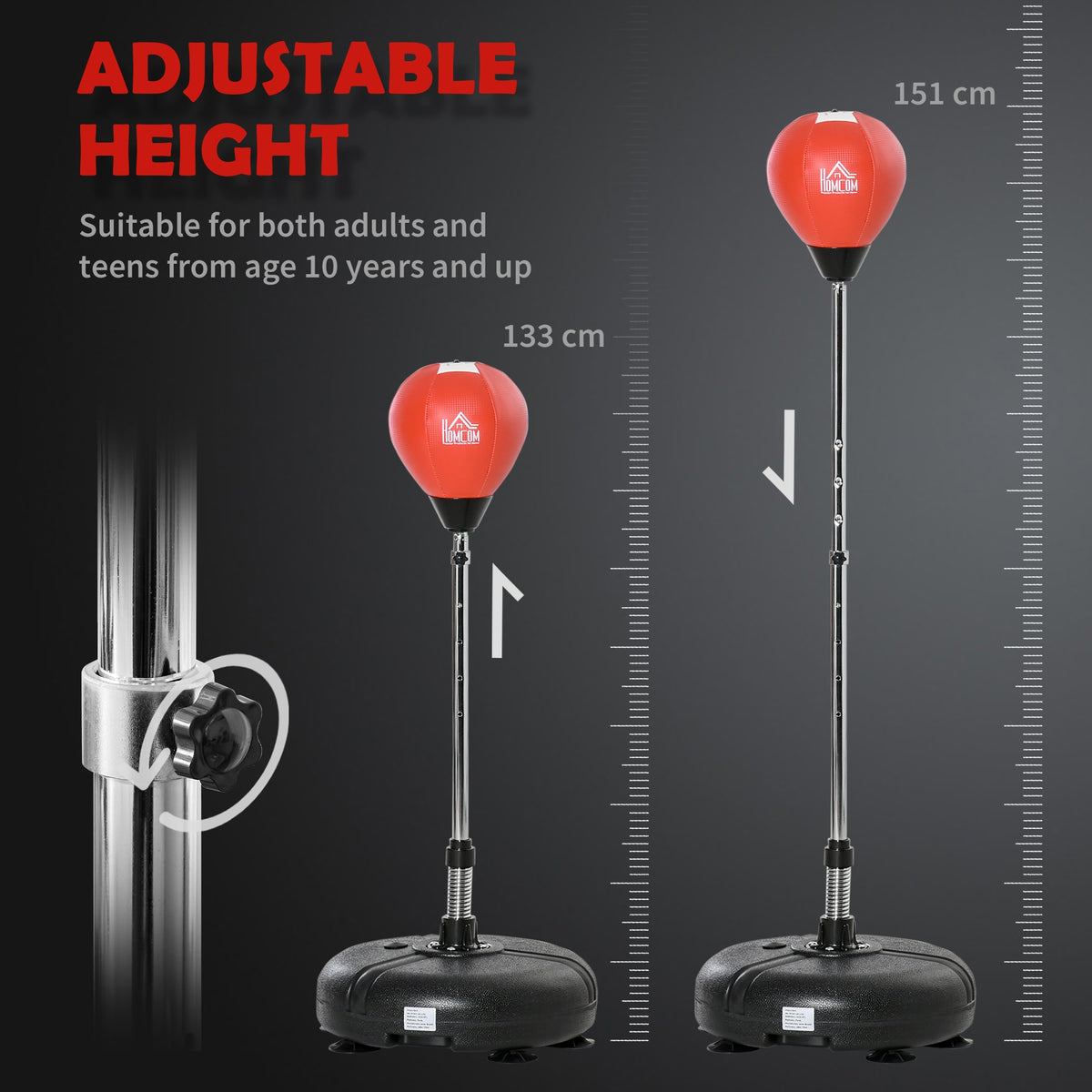 HOMCOM adjustable punching bag stand shown at 133 cm and 151 cm heights
