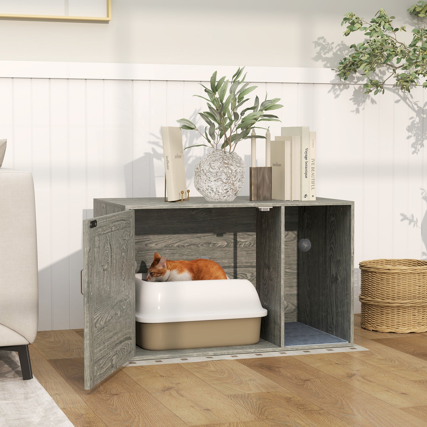 PawHut Cat Litter Box Enclosure with Rattan Door, Scratching Mat, Toy Ball, Non-Slip Foot Pads, Grey