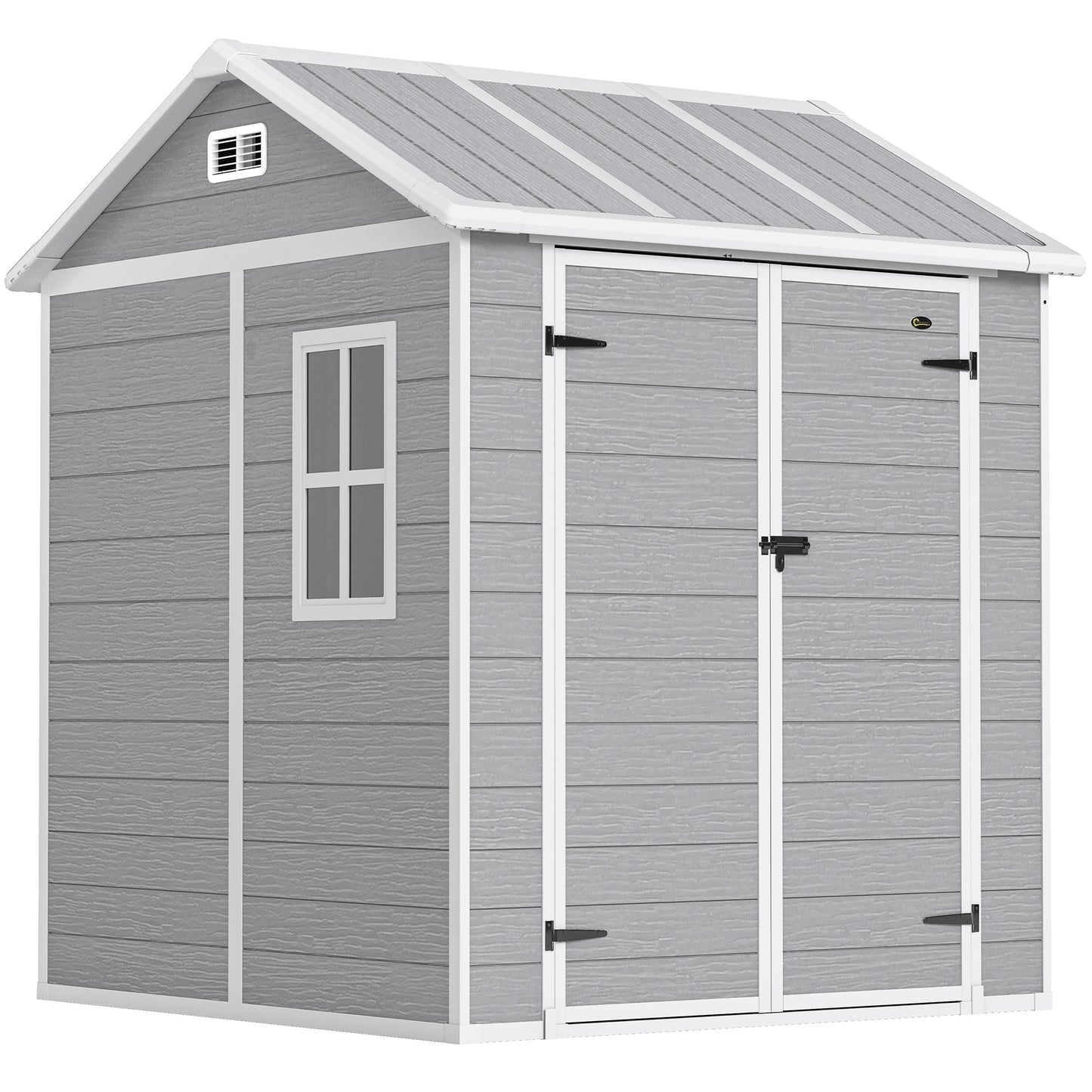 Photo of Outsunny 6 x 6ft Garden Shed with Floor, Window, Lockable Doors and Vents, Wood Effect Resin Tool Shed for Outdoor Patio, Grey in Grey colour on a white background