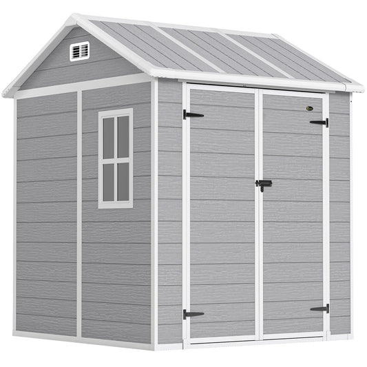 Photo of Outsunny 6 x 6ft Garden Shed with Floor, Window, Lockable Doors and Vents, Wood Effect Resin Tool Shed for Outdoor Patio, Grey in Grey colour on a white background