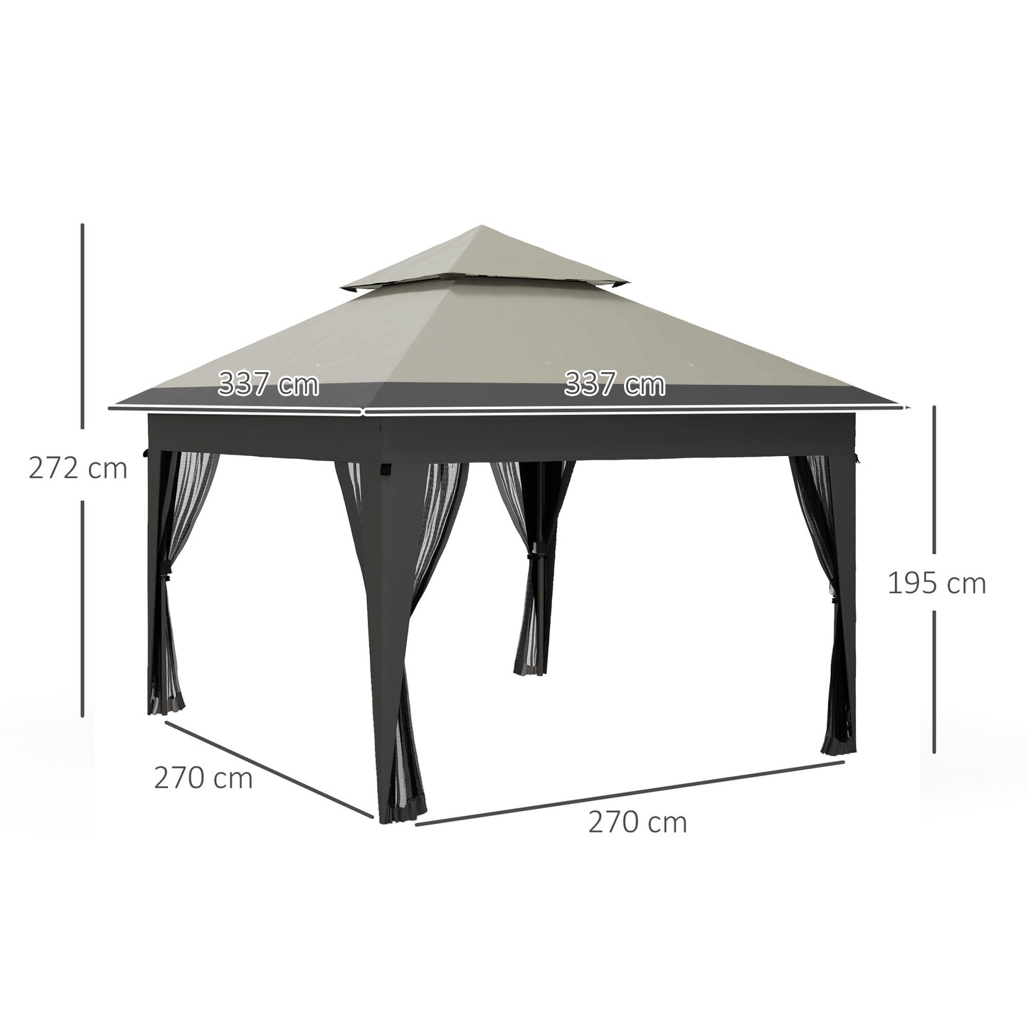 Outsunny 3 x 3(m) Pop Up Gazebo with Mosquito Netting, Easy Setup Marquee Party Tent with 1-Button Push, Double Roof, Carry Bag, Sandbags, Height Adjustable Instant Shelter, Grey