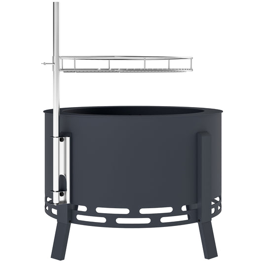 Photo of Outsunny Portable Fire Pit, 58 cm Round Firepit with Grill Grate, Fire Bowl with Ash Catcher and Poker, Fire Pit BBQ for Garden Camping Bonfire Picnic, Black in Black colour on a white background