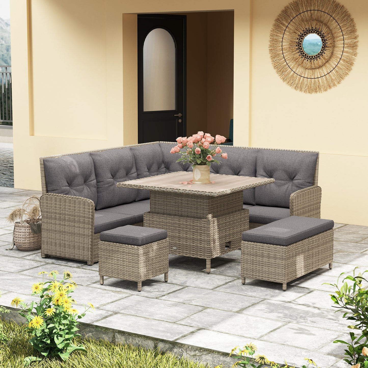 Outsunny 7 Seater Rattan Garden Furniture Set, 6 Piece Patio Dining Set with Liftable Coffee Table and Soft Padded Cushion, Wicker Sectional Conversation Corner Sofa, 123 x 55 x 84 cm, Light Grey
