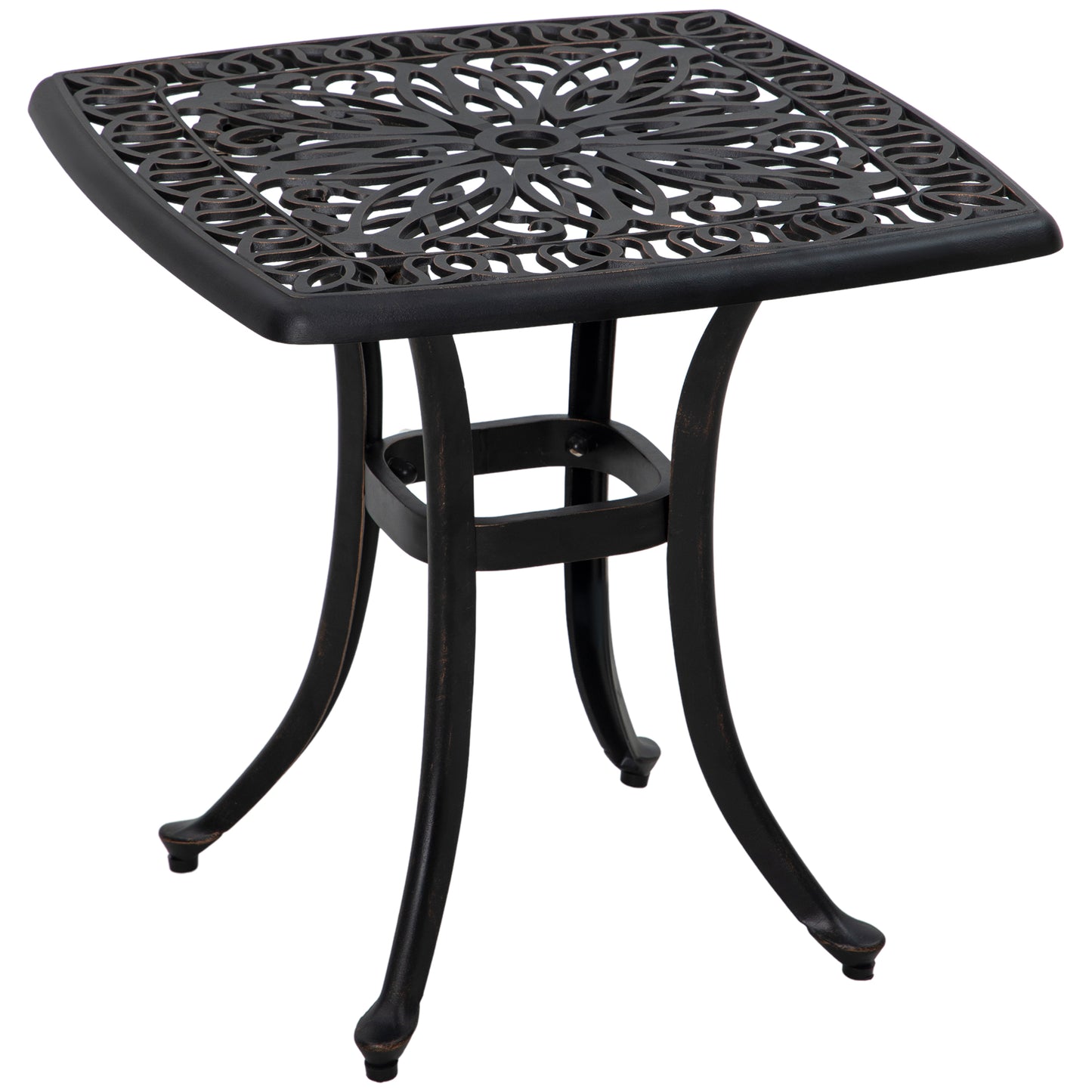 Photo of Outsunny Cast Aluminium Bistro Table, Outdoor Square Side Table with Umbrella Hole, Garden Table for Balcony, Bronze Tone in Tone colour on a white background