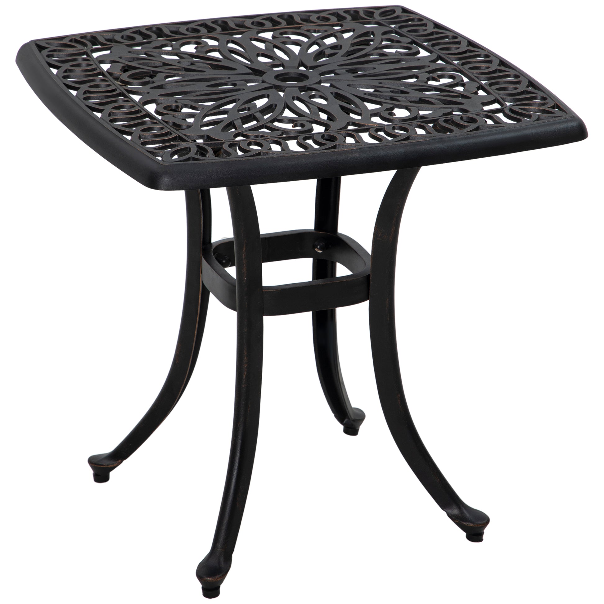 Photo of Outsunny Cast Aluminium Bistro Table, Outdoor Square Side Table with Umbrella Hole, Garden Table for Balcony, Bronze Tone in Tone colour on a white background
