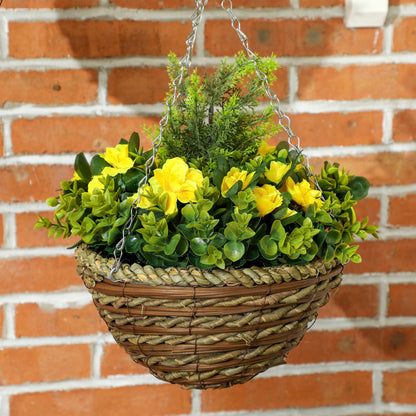 Hanging flower basket with yellow blooms, green foliage, chain, and woven brown pot