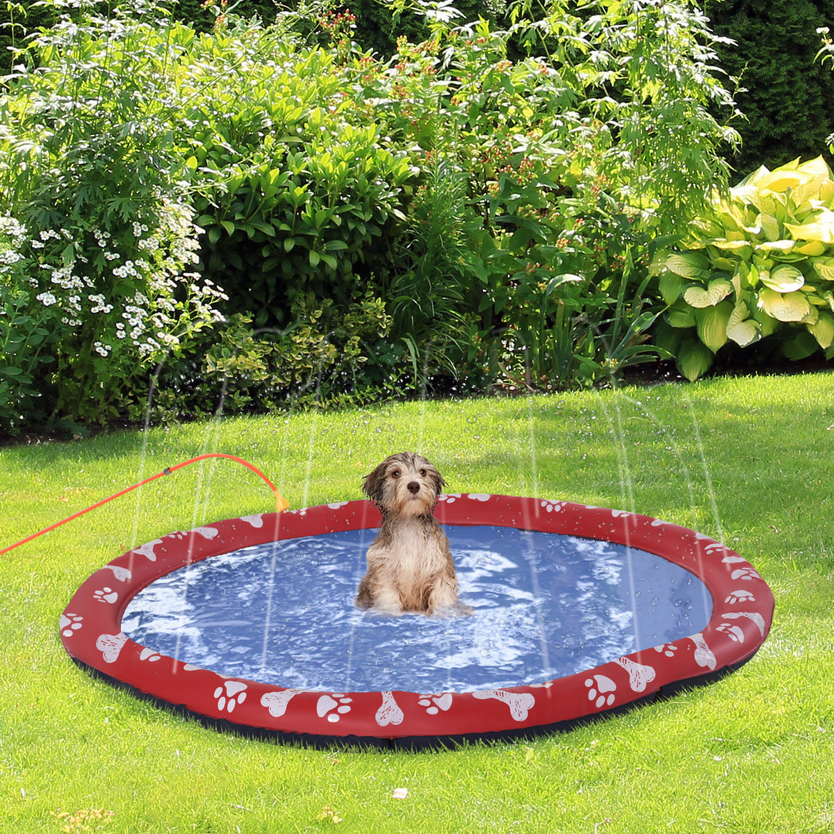 PawHut Dog Splash Pad, Pet Sprinkler Mat, Non-Slip Dog Paddling Pool, Foldable Outdoor Sprinkler and Splash Mat Water Play for Garden, Patio, Summer Fun, 150 cm