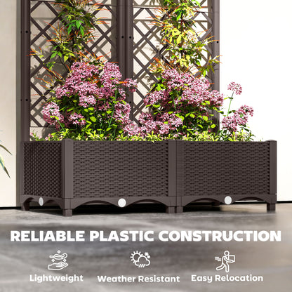 Brown plastic raised garden bed with trellis, filled with flowering plants