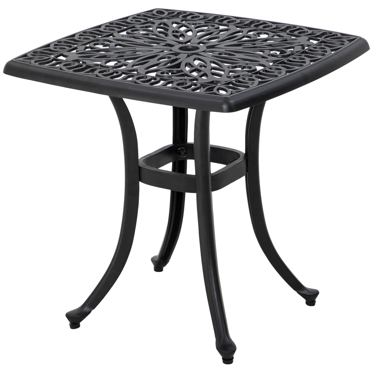Photo of Outsunny Cast Aluminium Bistro Table, Outdoor Square Side Table with Umbrella Hole, Garden Table for Balcony, Black in Black colour on a white background
