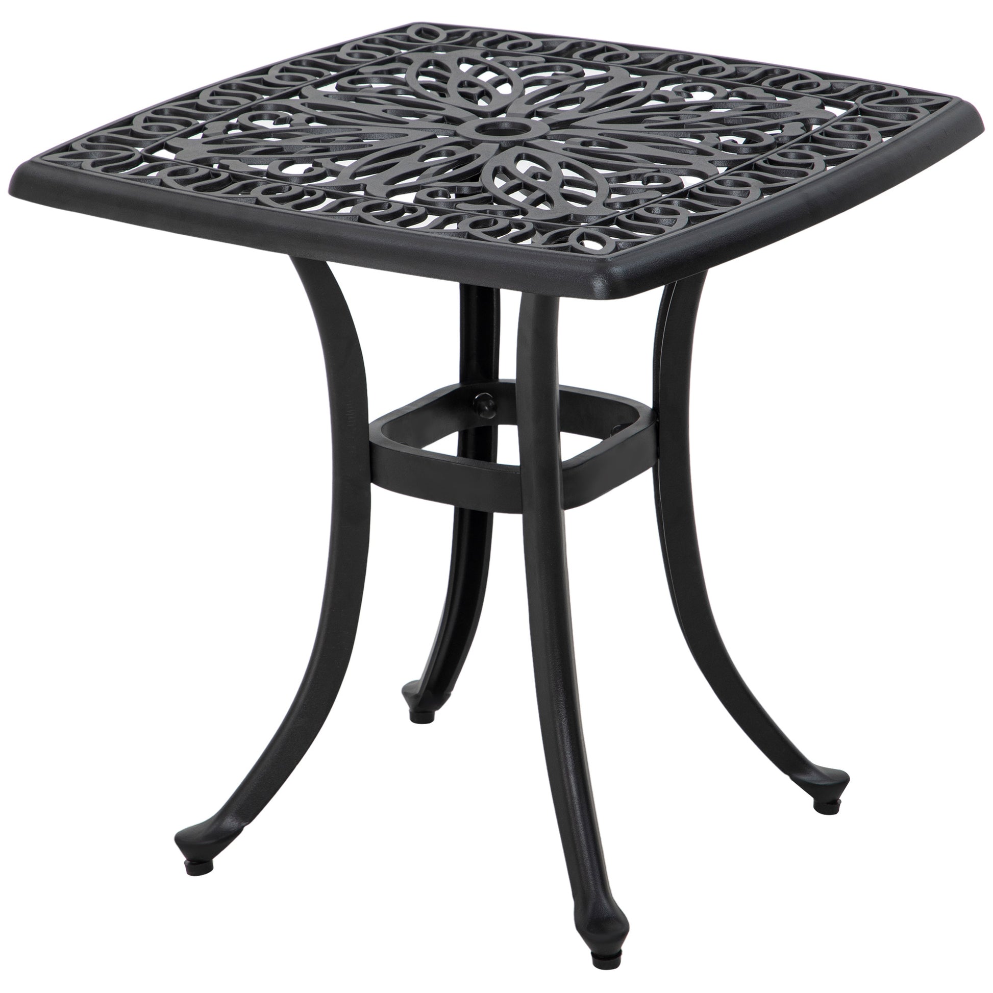 Photo of Outsunny Cast Aluminium Bistro Table, Outdoor Square Side Table with Umbrella Hole, Garden Table for Balcony, Black in Black colour on a white background