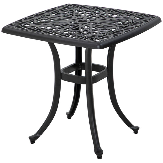 Photo of Outsunny Cast Aluminium Bistro Table, Outdoor Square Side Table with Umbrella Hole, Garden Table for Balcony, Black in Black colour on a white background