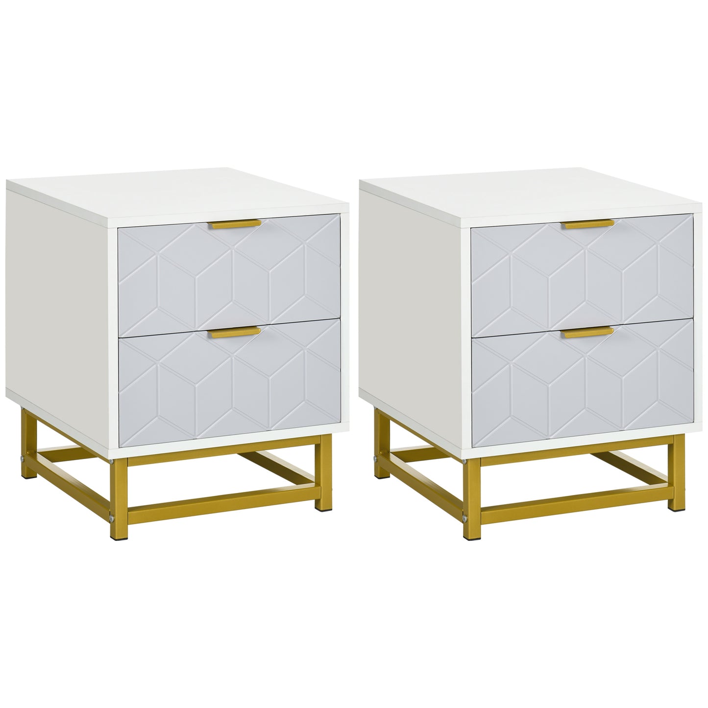 Photo of HOMCOM Bedside Table with 2 Drawers, Side Table, Bedside Cabinet with Steel Frame for Living Room, Bedroom, Set of 2, Grey and White in White colour on a white background