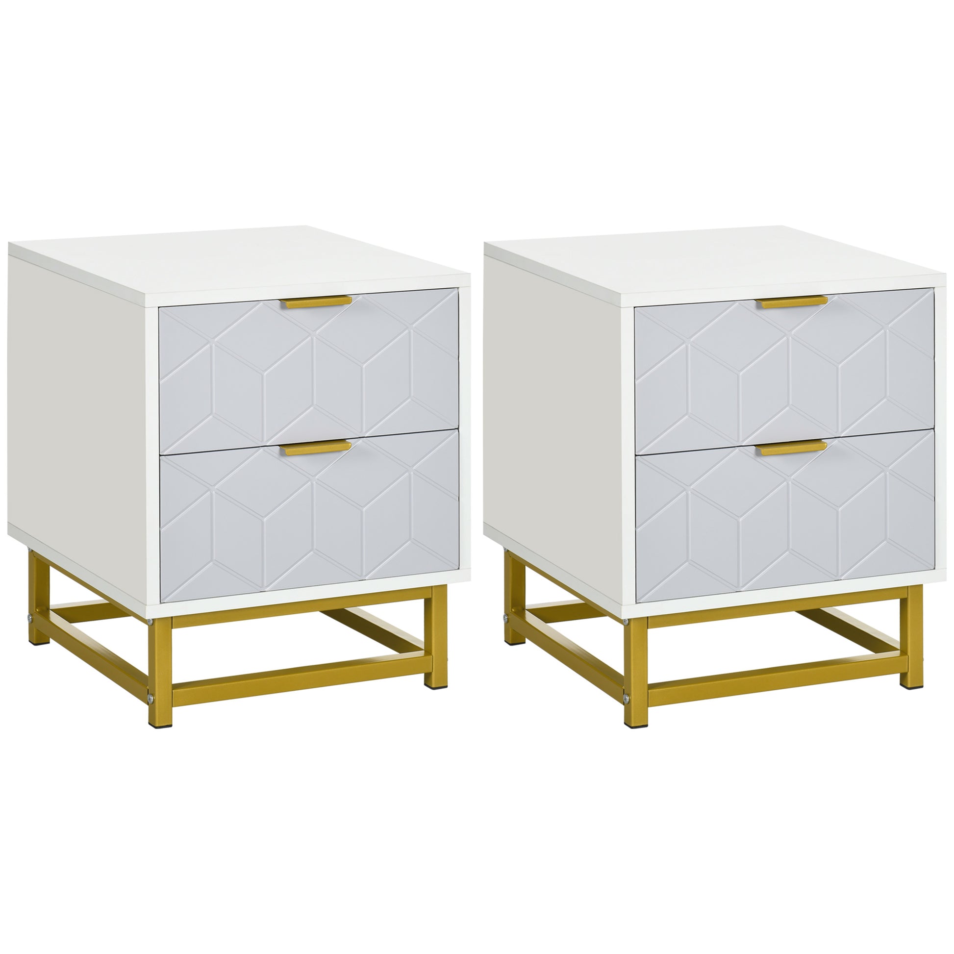 Photo of HOMCOM Bedside Table with 2 Drawers, Side Table, Bedside Cabinet with Steel Frame for Living Room, Bedroom, Set of 2, Grey and White in White colour on a white background