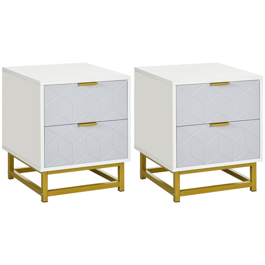 Photo of HOMCOM Bedside Table with 2 Drawers, Side Table, Bedside Cabinet with Steel Frame for Living Room, Bedroom, Set of 2, Grey and White in White colour on a white background